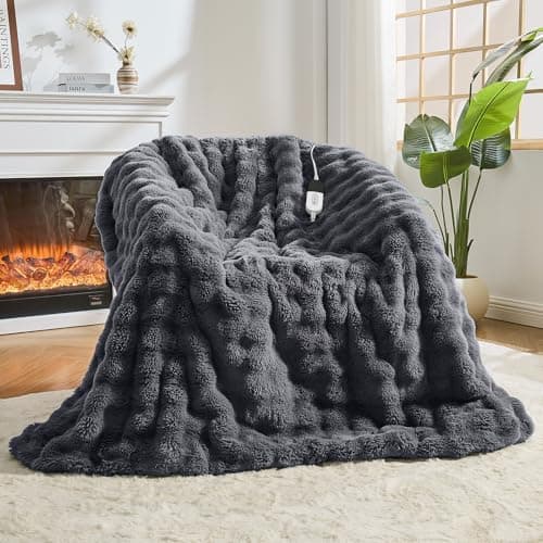 Easthome Heated Blanket Electric Throw Blanket 50''X 60''-Heating Blanket with 6 Heat Settings-4 Hours Auto Off,Cozy Faux Rabbit Fur Bubble Electric Blanket,Dark Gray