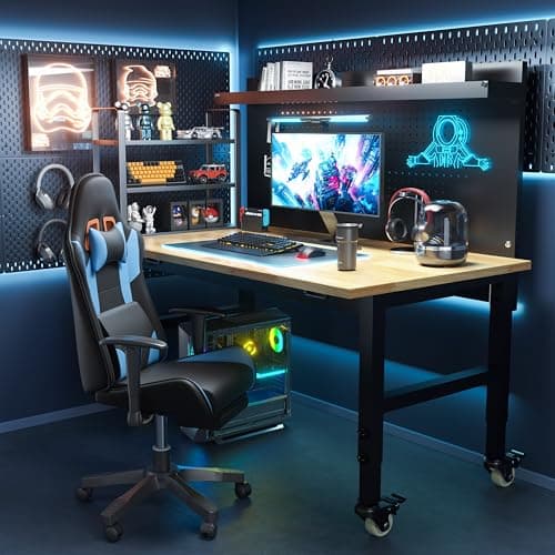 Betterhood 48" Heavy Duty Adjustable Workbench with Large Pegboard, Adjustable Work Table with Power Outlets & Lockable Wheels, Rubber Wood Workstation for Garage, Workshop, Office, Home, Commercial 8