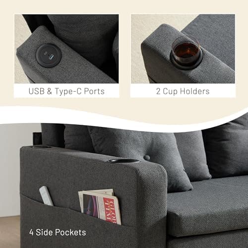 Krcix 3 in 1 Sofa Bed, 56 Inch Convertible Pull Out Couch, Loveseat Sleeper Sofa with Cup Holders, USB, Sofa Couches for Living Room, Bedroom, Apartment, Dark Grey 6