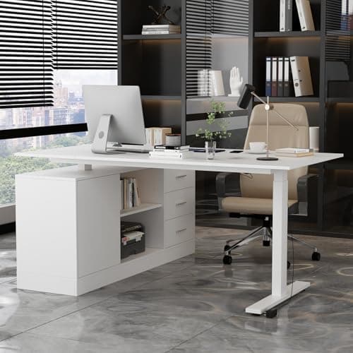 Homsee Home Office L Shaped Electric Standing Desk with Drawers and Shelves, Height Adjustable & Shape Reversible Stand up Desk, 63" Computer Executive Corner Table, White