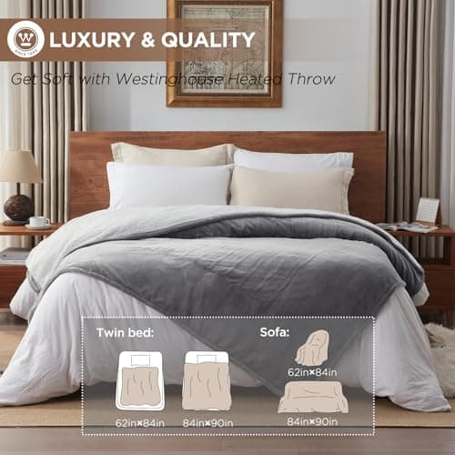 Westinghouse Heated Blanket Queen Size, Soft Flannel to Sherpa Electric Blanket with 10 Heating Levels, 12 Hours Auto Off, Fast Heating Blanket, Machine Washable, 84x90 Inch, Light Grey 6
