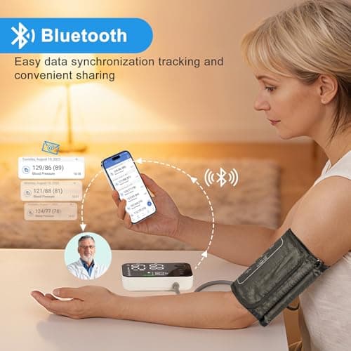 Blood Pressure Monitor Upper Arm - Bluetooth iOS & Android Compatible One-Button Operation Voice Broadcast Large LED Display Backlit 2x120 Memory Adjustable Cuff 8.7"-16.5" with Storage Bag Black 5