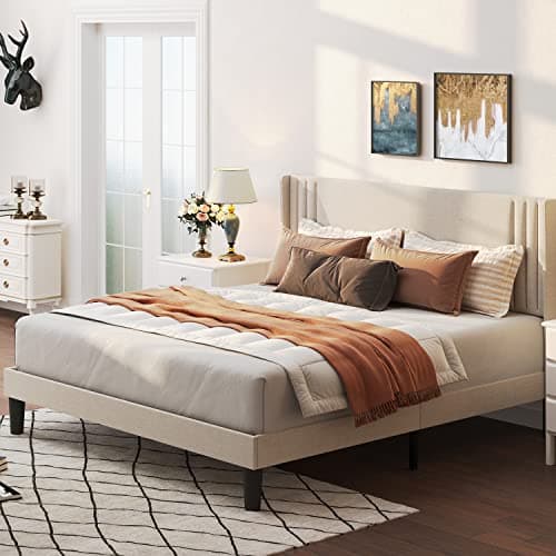 Gizoon Queen Bed Frame with Wingback Headboard, Upholstered Platform Bed, Wooden Slats, Noise-Free, No Box Spring Needed, Easy Assembly
