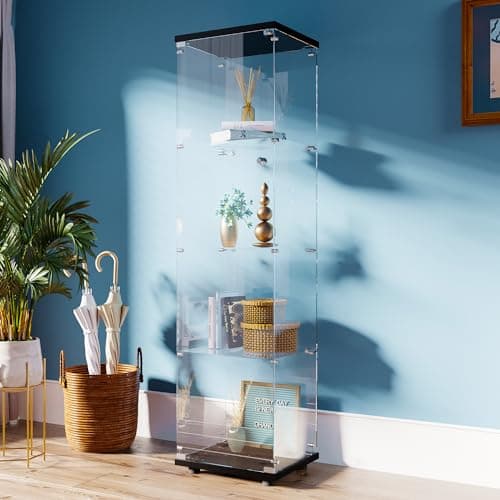 FANYUSHOW Tempered Glass Display Cabinet 4-Shelf Curio Cabinet with Security Lock 5mm Display Shelf Showcase for Living Room/Bedroom/Office- Black 64.7" H x 16.7" L x 14.37" W 6
