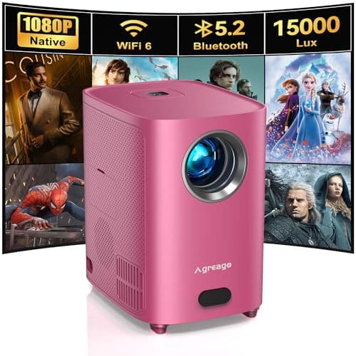 Agreago Projector, [Electric Focus] Projector with WiFi and Bluetooth, 15000Lumens 1080P Native Portable Mini Projector, Pink Outdoor Movie Projector