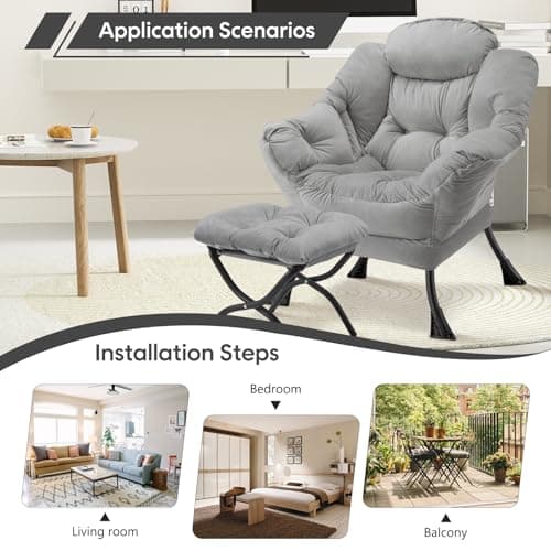 Congermom Lazy Chair with Folding Ottoman Modern Large Accent Chair,Contemporary Lounge Leisure Sofa Chair with Armrests Upholstered Sofa Armchair Reading Chair for Bedroom,Dorm&Office (Light Grey-f) 5