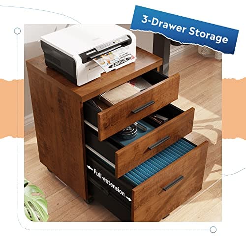DEVAISE 3 Drawer File Cabinet for Home Office, Wood Under Desk Filing Cabinet, Rolling Printer Stand with Wheels, Walnut 4