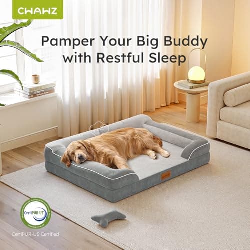 CWAWZ Extra Large Dog Bed, Orthopedic Dog Bed with Cooling Gel Memory Foam, Waterproof XL Pet Bed with Removable Washable Cover, 42" Pet Sofa Couch Dutch Velvet with Bone Toy, Light Gray 5