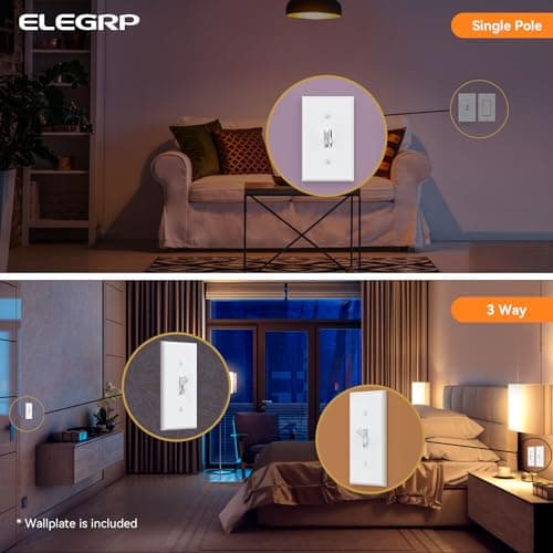 ELEGRP Digital Toggle Dimmer Switch for Dimmable LED, CFL and Incandescent Light Bulbs, Single Pole or 3-Way Toggle LED Dimmer Light Switch, Wall Plate Included, UL Listed, 1 Pack, White 5
