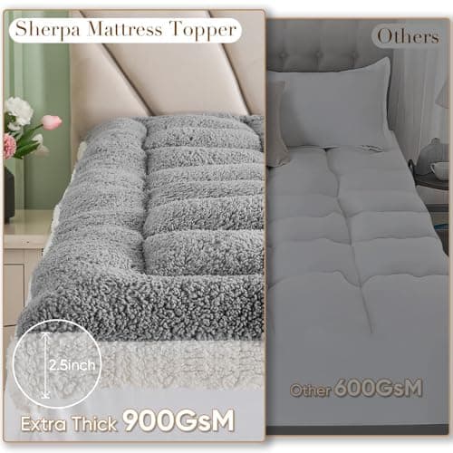 Cymula Mattress Topper Full Size, Soft Sherpa Mattress Pad for Back Pain Sleeper Extra Thick Luxury Plush Mattress Cover, Pillow Top Futon Protector with 8-21" Deep Pocket, Grey 5