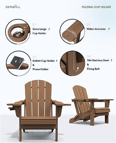 SERWALL Adirondack Chair with Cup Holders - Composite Adirondack Chairs Set of 2 HDPE Outdoor Chairs All Weather Use- Brown 6