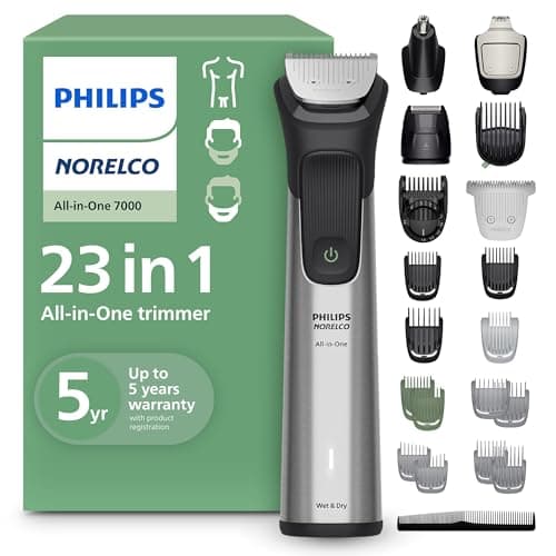 Norelco Philips All-in-One Series 7000 23-Piece Trimmer - Electric Shaver and Clipper for Face, Beard, Head & Body, Self-Sharpening Titanium Blades, 26 Length Settings (0.5-16 mm), MG7970/49
