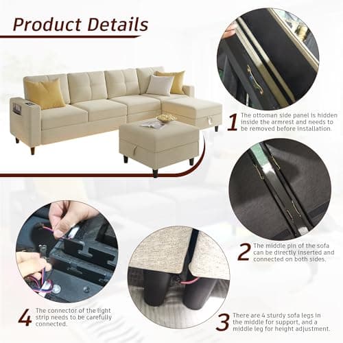 FOMNEY Sectional Couche for Living Room, Modular U Shaped Sofa Couchs with RGB Lights and Charging Ports, 6 Seat Convertible Sectional Sofa with Storage Ottoman (Beige) 6