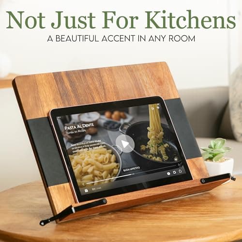 Cookbook Stand for Kitchen Counter – Adjustable Wood Book Holder with Resin Accent, Rustic Recipe Book Stand with Secure Page Grips, Compatible with Cookbooks & Tablets 8