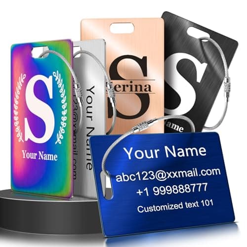 Metal Personalized Initial Luggage Tag - Laser Engraved Stainless Steel Custom Name ID Tags for Suitcase, Bag, Baggage, Backpacks Tag for Kids, Women Travel Essentials Accessories (Silver)