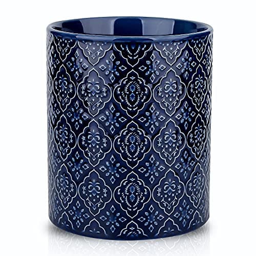 KOOV Kitchen Utensil Holder, Large Utensil Holders for Countertop, 6 x 7 Inches Ceramic Utensil Crock, Deep and Stable, Cooking Utensil Holder, Embossed Pattern (BLue)