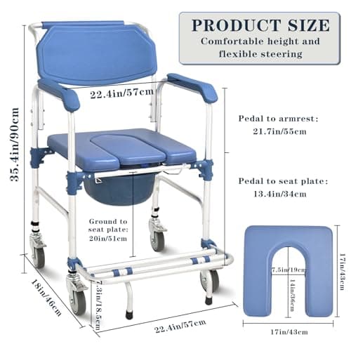 Shower Chair with Wheels Aluminum 4 in 1 Bedside Commode Chair with Foldable Pedal, Mobile Transport Chair Toilet with Detachable Bucket, for Seniors and Disabled, Weight Capacity 330lbs (Bule) 5
