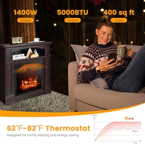 Tangkula 32" Electric Fireplace with Mantel, 1400W Freestanding Heater with Remote Control & Adjustable Brightness, Multifunctional Mantel Fireplace with Storage Shelf for Living Room (Brown) 6