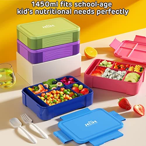 Jelife Bento Lunch Box for Kids - 1450ml Leakproof Kids Bento Box 6 Compartments Toddler Lunch boxes with Silverware for Back to School, Reusable LunchBox Snack Container for Daycare 6
