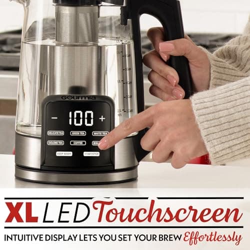 Gourmia Electric Glass Kettle – 1.7L Programmable Tea & Coffee Brewer with Digital Touch Display, 6 Presets, Removable Stainless Steel Infuser, Cordless with 360° Swivel Base, Green 5