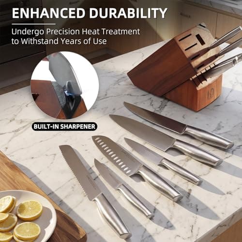 KnifeSaga Kitchen Knife Set 14 Piece Premium Japanese High Carbon Stainless Steel Knife Block Sets with Built-in Sharpener, Razor Sharp Knives Set for Kitchen, Quality Acacia Wood Block Knife Set 5