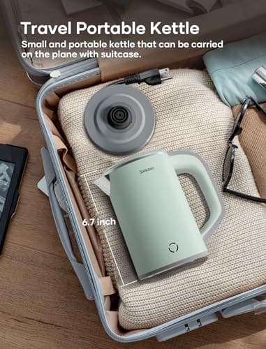 Sekaer Small Electric Tea Kettle Stainless Steel 0.8L Portable Travel Hot Water Boiler, Mini Electric Coffee Kettle with Auto Shut-Off & Boil Dry Protection, Cordless Base & Green 5