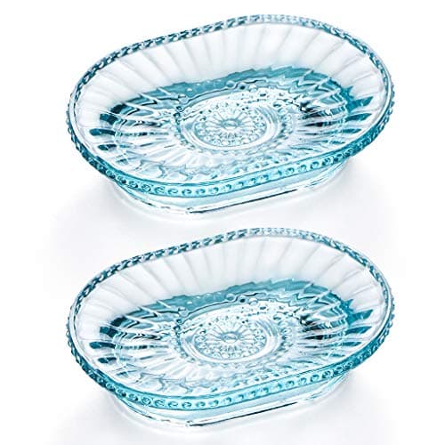 MDLUU Glass Soap Dish, Embossed Bar Soap Holder, Decorative Soap Saver Tray, Vintage Bar Soap Dish for Shower, Bathtub, Bathroom Sink, Kitchen Sink, Pack of 2 (Blue)
