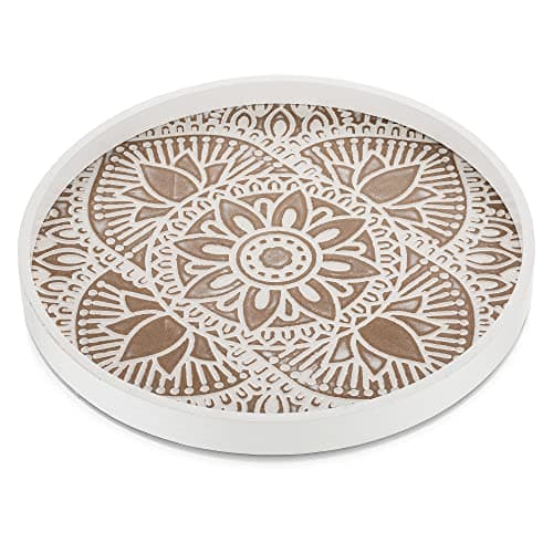 Hanobe Decorative Serving Tray Round: Farmhouse Coffee Table Decor Boho White Mandala Trays for Living Room Kitchen Bathroom Display