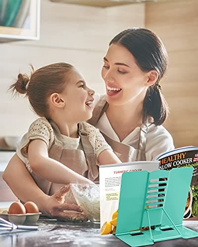 MSDADA Book Stand Metal Reading Rest Book Holder Adjustable Cookbook Documents Holder Portable Sturdy Bookstands for Recipes Textbooks Tablet Music Books with Page Clips (Light Green) 5