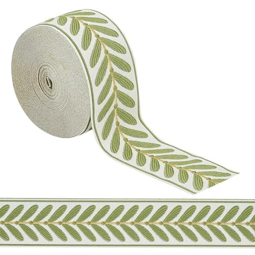 OLYCRAFT 10.9Yards Jacquard Ribbon Trim 2.4 Inch Leaf Pattern Jacquard Polyester Ribbons White Green Leaf Jacquard Woven Embroidery Trim for DIY Sewing Crafts Handmade Bag Belts Clothing Decoration