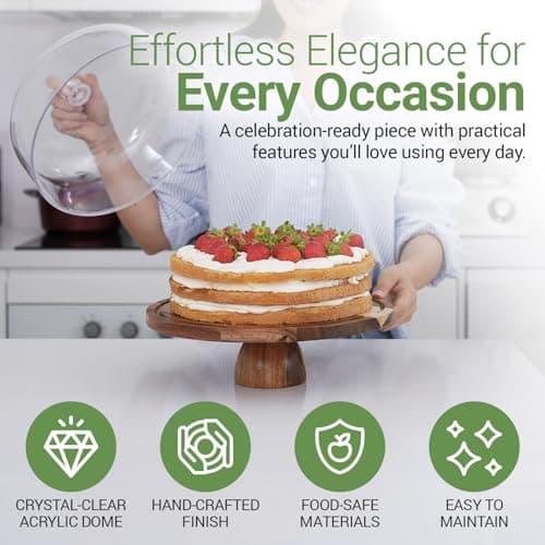 Linda’s Essentials Acacia Wood Cake Stand with Lid (Acrylic) 12 Inch Round Cake Holder Stand with 5 Bonus Cake Sheets, 2-in-1 Wooden Cake Stand with Dome & Charcuterie Board for Cheese, Cake Plate 7