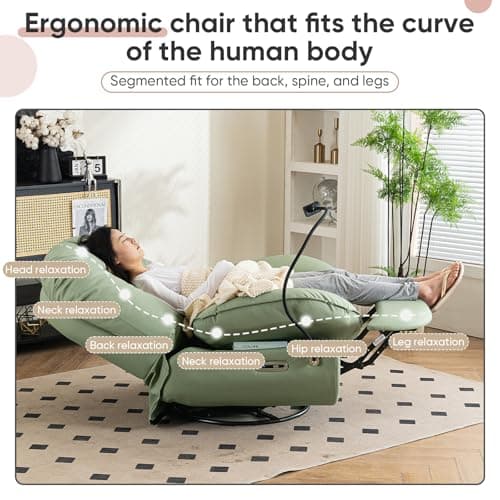 Oversized Electric Recliner Chair, 360 Swivel Rocking Glider Rocker for Adults Modern Ergonomic Lounge for Living Room Phone Stand& Smart Control Theater Seating (Black, Silicone Leather) 5