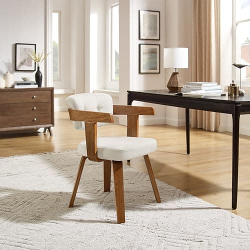 Art Leon Office Chair No Wheels - Mid Century Modern Desk Chair, Fabric Upholstered Accent Arm Chair with Wood Legs for Small Spaces Home Office Living Room Bedroom Study, Off White/Walnut 5