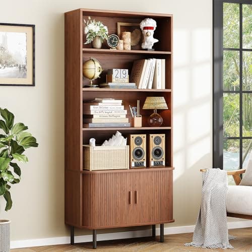 ONBRILL 71" Tall Bookshelf, 4-Tier Bookcase with Storage Cabinet & Adjustable Storage Shelf, Freestanding Wood Bookshelf with Sliding Door and Adjustable Footpad, for Home Office, Living Room, Walnut