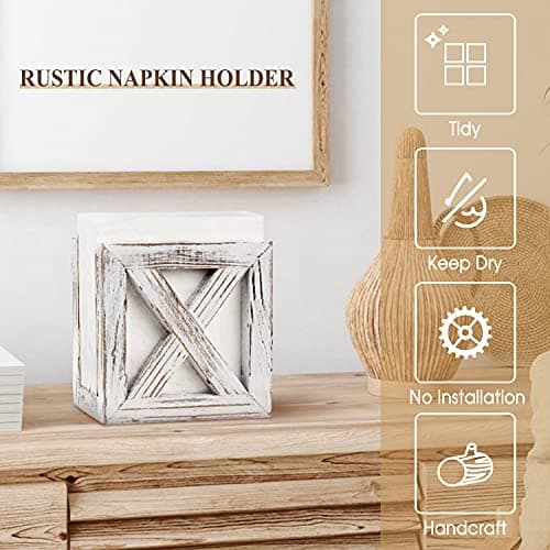 PUERSI Farmhouse Wooden Napkin Holder for Tables, Rustic Kitchen Decor for Counter, Ideal Napkin Dispenser for Dining Counter tops (White) 5