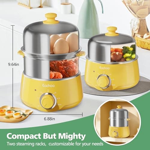 Hard Boiled Egg Cooker - CACHOO 14-Egg Rapid Stainless Steel Egg Boiler with 30-Min Timer & Auto Shut Off, Compact Electric Vegetable Steamer for Cooking, Dishwasher Safe, Retro Yellow 6