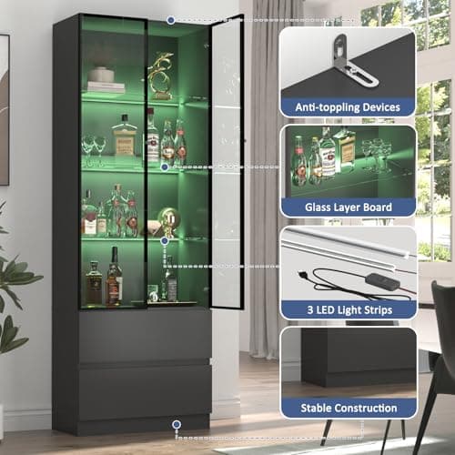 ZORPLIX Glass Display Cabinet with LED Lights, Display Cabinet with 2 Glass Doors, Storage Cabinet with 4 Adjustable Shelves and 2 Drawer, Curio Cabinet for Collectibles, Living Room 6