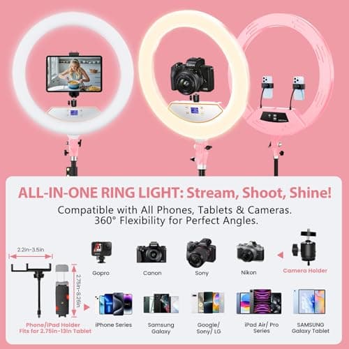 Ring Light with Stand 22inch Kit: Professional Ring Light Overhead Tripod for iPhone ipad, LCD Display/2 USB Ports for Makeup Barber Tattoo Lash Extension Video Photography Lighting (Pink) 7