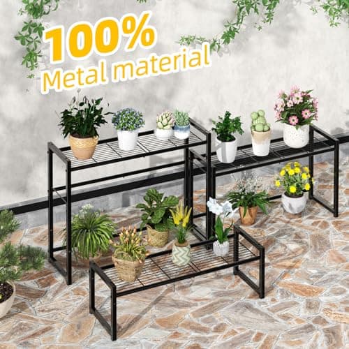 Simple Trending 3 Tier Metal Plant Stand Outdoor Indoor Waterproof, Stackable Heavy Duty Tall Plant Shelf Flower Pot Holder for Garden, Display Rack, Black 5