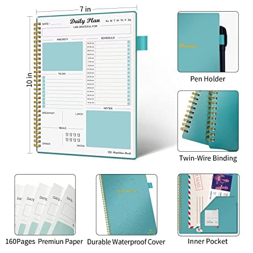 Daily Planner Undated, To Do List Notebook with Hourly Schedule Calendars Meal, Spiral Appointment Organizers Notebook for Man/Women, Pocket,Pen Loop, 160 Pages (7x10") 5