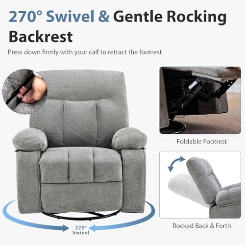 DUMOS Rocker Recliner Chair, Swivel Recliner with Vibration Massage & Lumbar Heating, 270° Rotating Chenille Fabric Recliner with footrest for Living Room & Bedroom, Grey 6