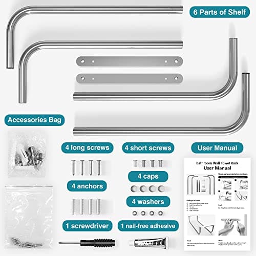 Towel Rack Wall Mounted, Bathroom Towel Storage, Stainless Steel Towel Racks for Bathroom, Bath Towel Holder Organizer for Folded Large Towel Washcloths, Easy to Install, Silver 8