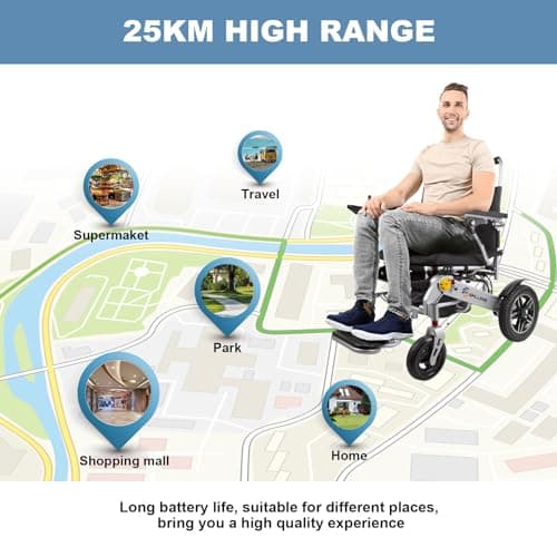 WHLLICKS Electric Wheelchairs for Adults Lightweight Foldable, 250W*2 Brushed DC Motorsand 20AH Lithium-ion Battery Transport Wheelchair All Terrain, Maximum Load 300 lbs(Silver) 6