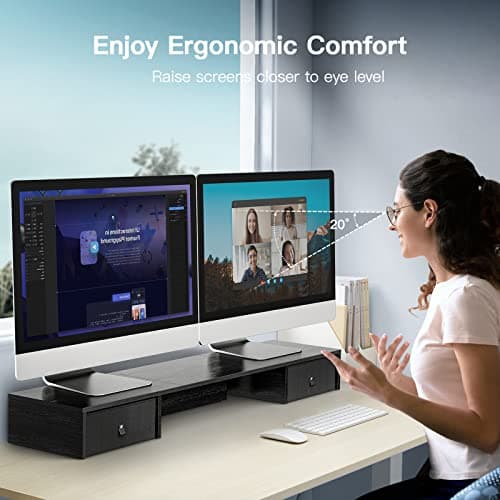 HUANUO Dual Monitor Stand with Drawers, Monitor Riser for 2 Monitors, 43.7 Inch Large, Holds up to 132lbs, Multifunctional Desktop Organizer for Computer, Laptop, PC, Printer 5