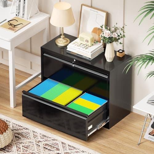 Bonusall Lateral File Cabinet 2 Drawer, Metal Lateral Filing Cabinet with Lock, Locking Horizontal Drawers File Cabinets for Legal/Letter / A4 / F4 Size for Home Office, Steel, Heavy Duty, Black 8