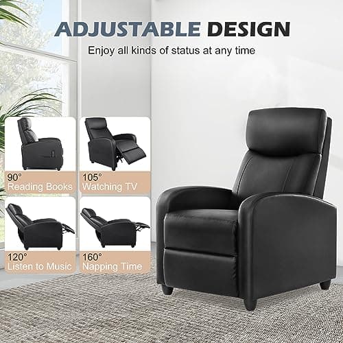 SMUG Recliner Chair Massage Reclining for Adults, Comfortable PU Leather Recliner Sofa Adjustable Home Theater Seating Lounge with Padded Seat Backrest, Small Recliners for Living Room (Black) 7