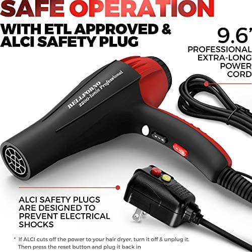 Professional Ionic Salon Hair Dryer, 2200 Watt Powerful AC Motor Ceramic Tourmaline Ion Blow Dryer, Quiet Hair Dryers with Diffuser & 2 Concentrator Nozzle Attachments Black/Red 8
