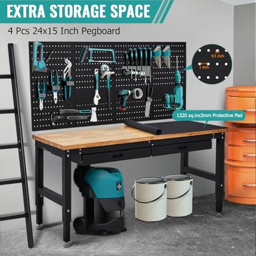 60 Inches Workbench, Rubber Wood Tabletop Work Table with 2 Drawers & Pegboard, 3000 LBS Heavy Duty Adjustable Height Work Bench with Power Outlets for Workshop, Office, Garage 6
