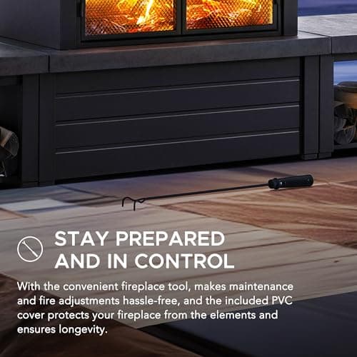 SUNJOY Outdoor Fireplace with Wood Storage and Chimney, Steel Wood Burning Firepit with Mesh Spark Screen Door, Fire Poker, Fireplace Tool & PVC Cover, for Patio Garden Deck Backyard, Black/Dark Gray 7