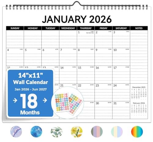 2026 Calendar, Forvencer 18-Month Wall Calendar 2026, Jan 2026 to Jun 2027, 14" x 11" Large Monthly Planner Calendars with Notes Section & Stickers, Ruled Block, Spiral Binding Hanging for Home Office